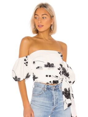 NWOT House of Harlow 1960 LEYA Embroidered Black & White Off-Shoulder Floral Top